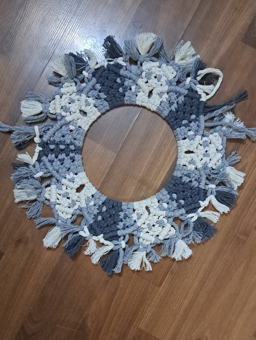 Handmade Crochet Tassel Wreath Accent - Gray and Cream